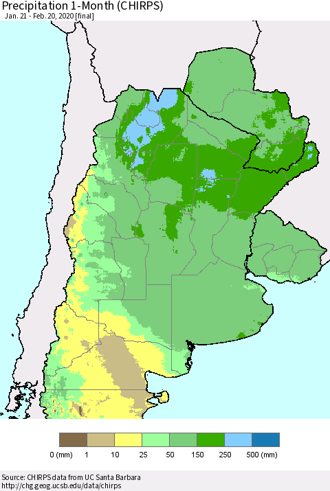 Southern South America Precipitation 1-Month (CHIRPS) Thematic Map For 1/21/2020 - 2/20/2020