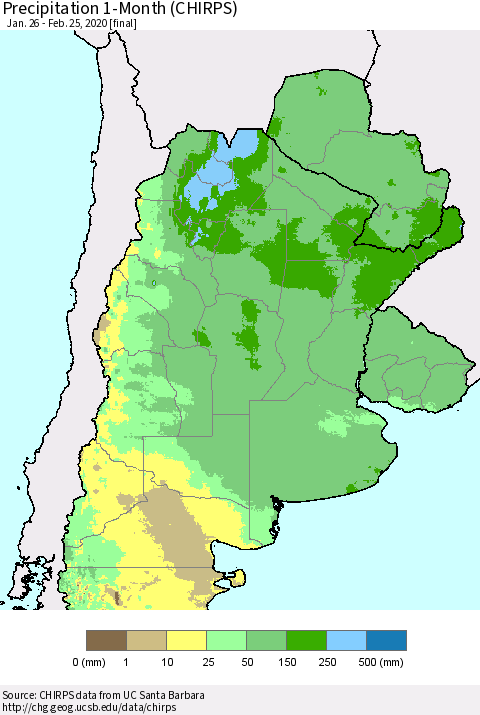 Southern South America Precipitation 1-Month (CHIRPS) Thematic Map For 1/26/2020 - 2/25/2020