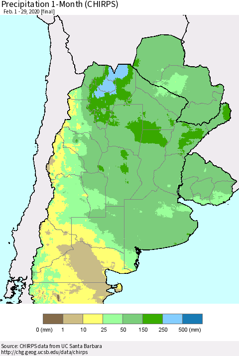 Southern South America Precipitation 1-Month (CHIRPS) Thematic Map For 2/1/2020 - 2/29/2020