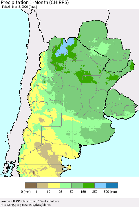Southern South America Precipitation 1-Month (CHIRPS) Thematic Map For 2/6/2020 - 3/5/2020
