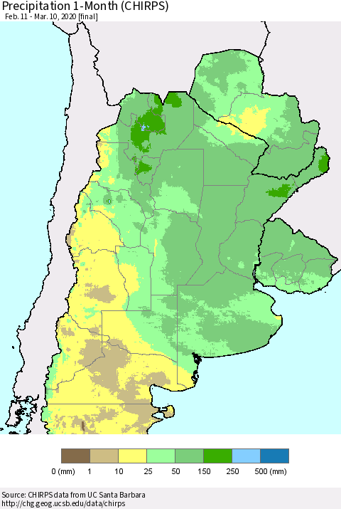 Southern South America Precipitation 1-Month (CHIRPS) Thematic Map For 2/11/2020 - 3/10/2020