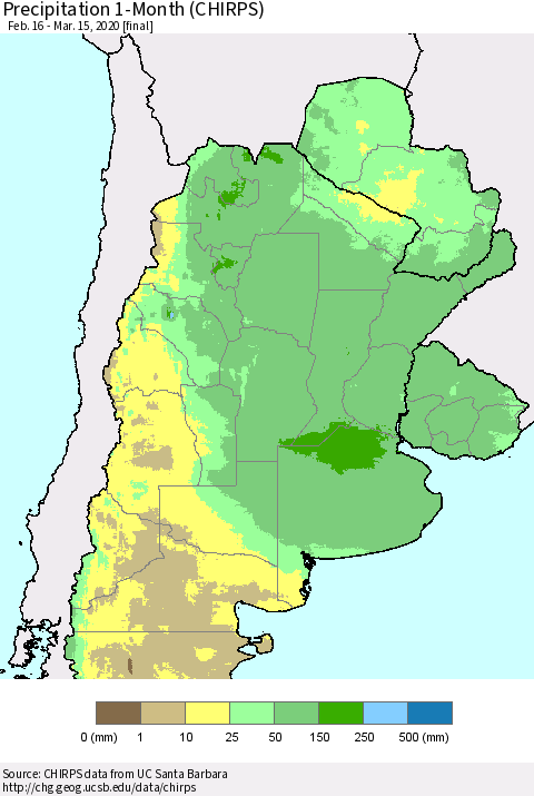 Southern South America Precipitation 1-Month (CHIRPS) Thematic Map For 2/16/2020 - 3/15/2020