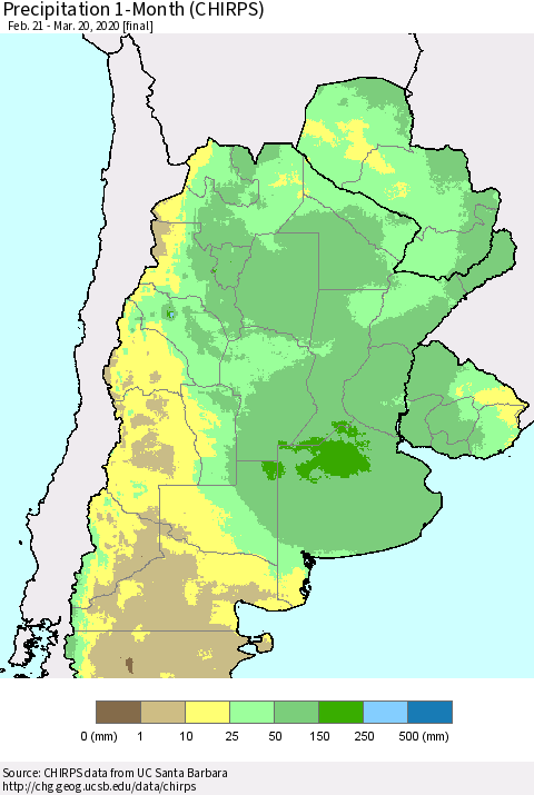 Southern South America Precipitation 1-Month (CHIRPS) Thematic Map For 2/21/2020 - 3/20/2020