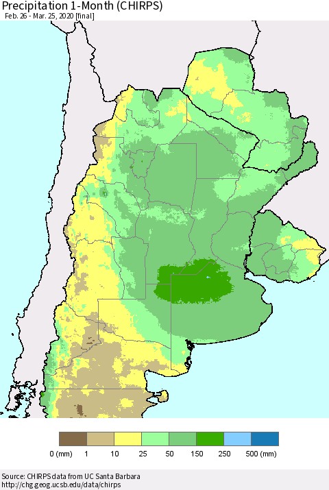 Southern South America Precipitation 1-Month (CHIRPS) Thematic Map For 2/26/2020 - 3/25/2020