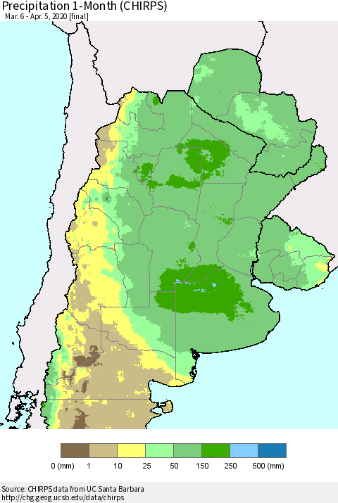 Southern South America Precipitation 1-Month (CHIRPS) Thematic Map For 3/6/2020 - 4/5/2020