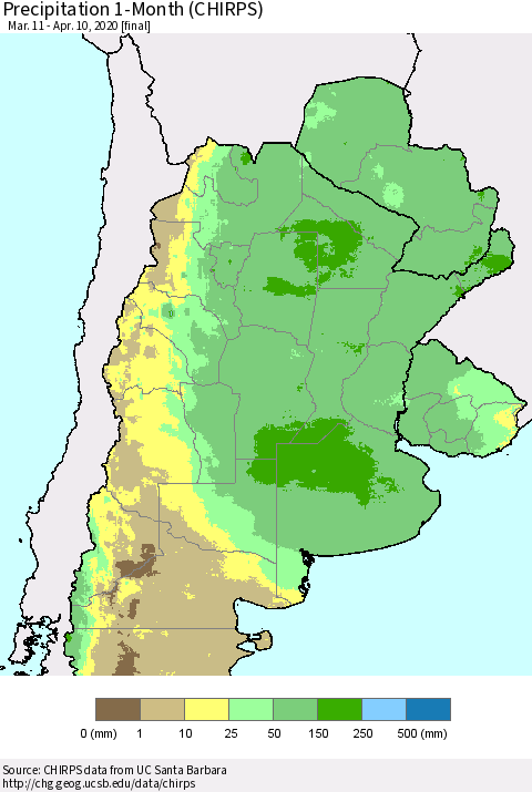Southern South America Precipitation 1-Month (CHIRPS) Thematic Map For 3/11/2020 - 4/10/2020