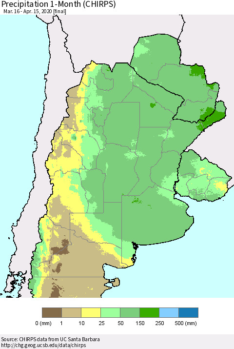 Southern South America Precipitation 1-Month (CHIRPS) Thematic Map For 3/16/2020 - 4/15/2020