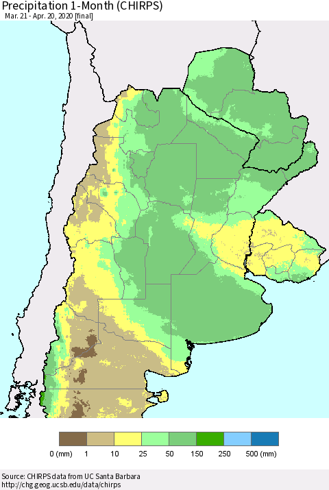 Southern South America Precipitation 1-Month (CHIRPS) Thematic Map For 3/21/2020 - 4/20/2020
