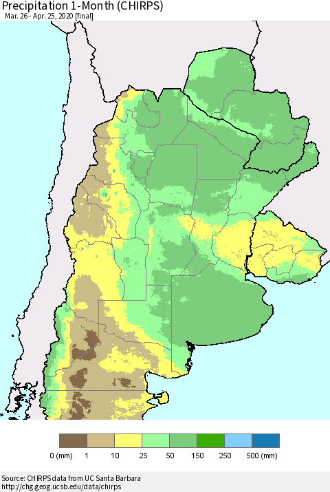 Southern South America Precipitation 1-Month (CHIRPS) Thematic Map For 3/26/2020 - 4/25/2020
