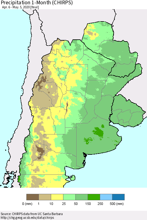 Southern South America Precipitation 1-Month (CHIRPS) Thematic Map For 4/6/2020 - 5/5/2020