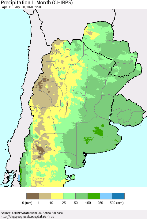 Southern South America Precipitation 1-Month (CHIRPS) Thematic Map For 4/11/2020 - 5/10/2020
