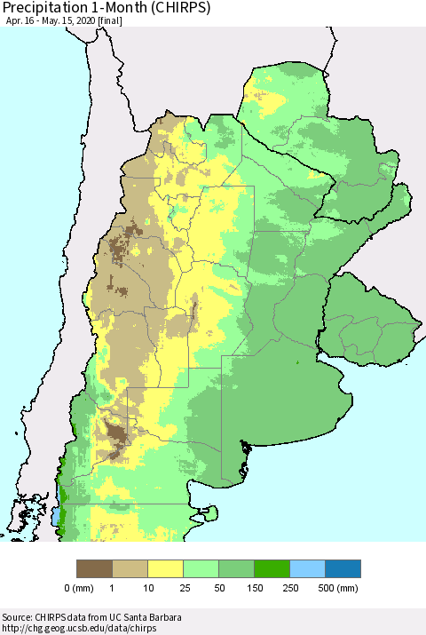 Southern South America Precipitation 1-Month (CHIRPS) Thematic Map For 4/16/2020 - 5/15/2020