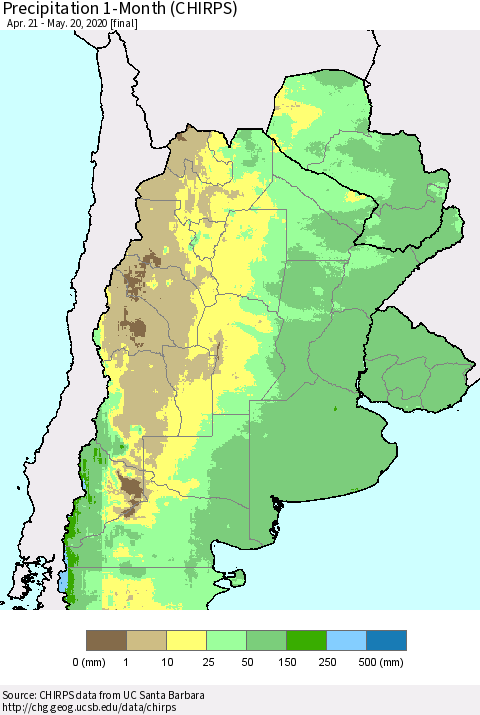 Southern South America Precipitation 1-Month (CHIRPS) Thematic Map For 4/21/2020 - 5/20/2020