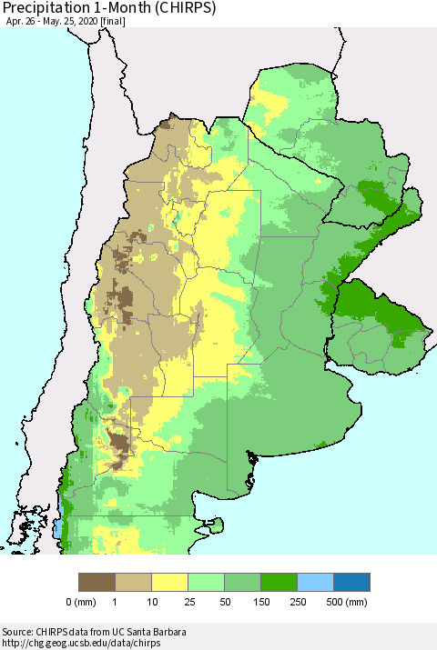 Southern South America Precipitation 1-Month (CHIRPS) Thematic Map For 4/26/2020 - 5/25/2020