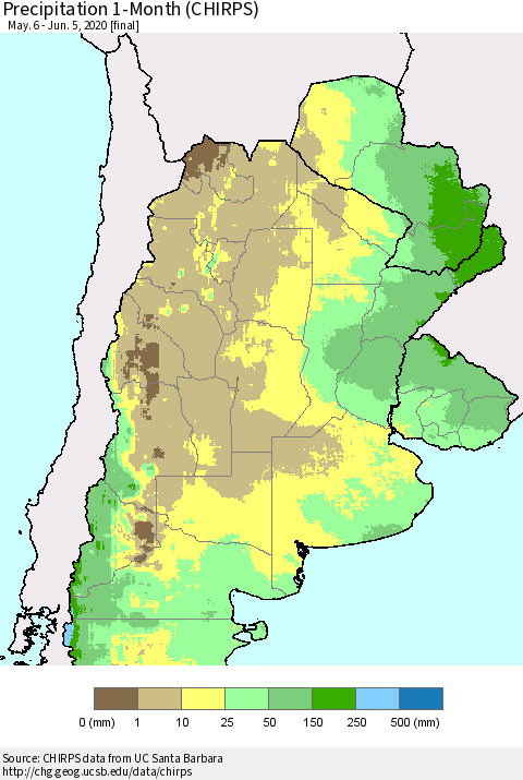 Southern South America Precipitation 1-Month (CHIRPS) Thematic Map For 5/6/2020 - 6/5/2020