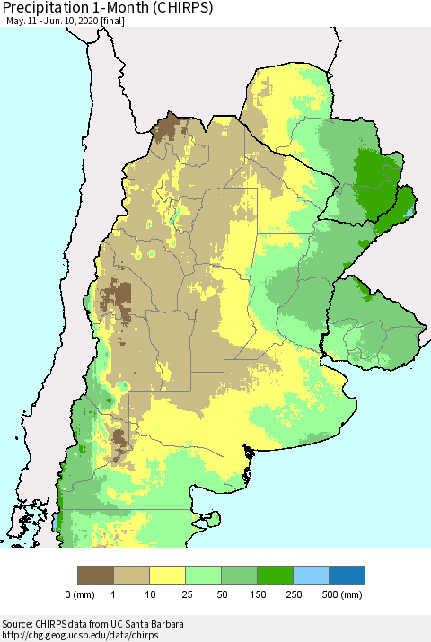 Southern South America Precipitation 1-Month (CHIRPS) Thematic Map For 5/11/2020 - 6/10/2020