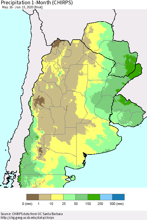 Southern South America Precipitation 1-Month (CHIRPS) Thematic Map For 5/16/2020 - 6/15/2020