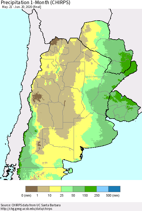 Southern South America Precipitation 1-Month (CHIRPS) Thematic Map For 5/21/2020 - 6/20/2020