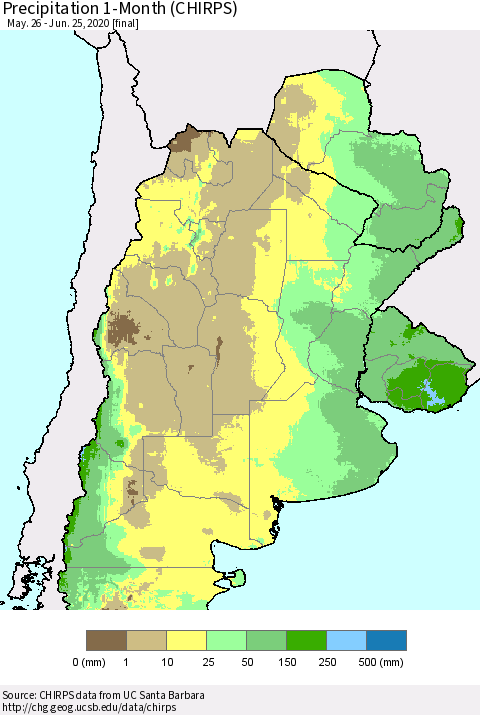 Southern South America Precipitation 1-Month (CHIRPS) Thematic Map For 5/26/2020 - 6/25/2020
