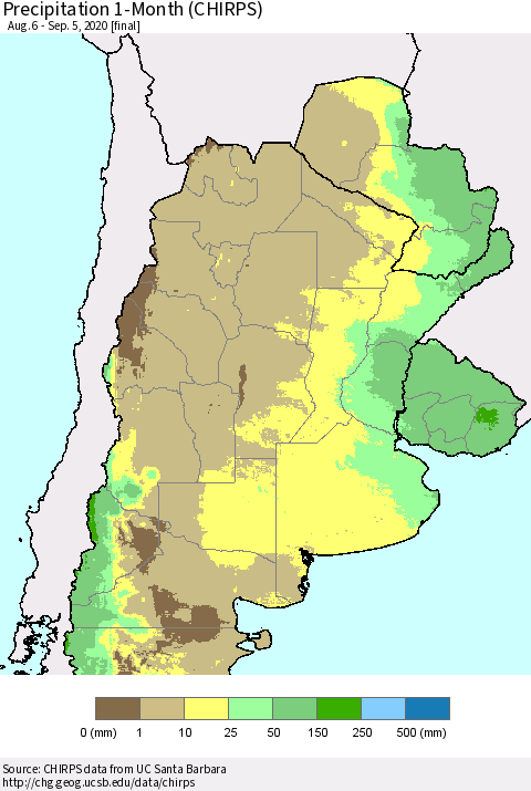 Southern South America Precipitation 1-Month (CHIRPS) Thematic Map For 8/6/2020 - 9/5/2020
