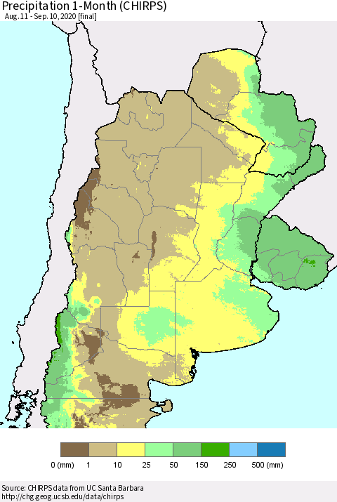 Southern South America Precipitation 1-Month (CHIRPS) Thematic Map For 8/11/2020 - 9/10/2020