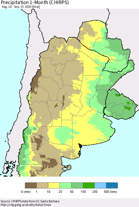 Southern South America Precipitation 1-Month (CHIRPS) Thematic Map For 8/16/2020 - 9/15/2020