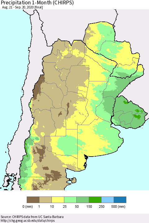 Southern South America Precipitation 1-Month (CHIRPS) Thematic Map For 8/21/2020 - 9/20/2020