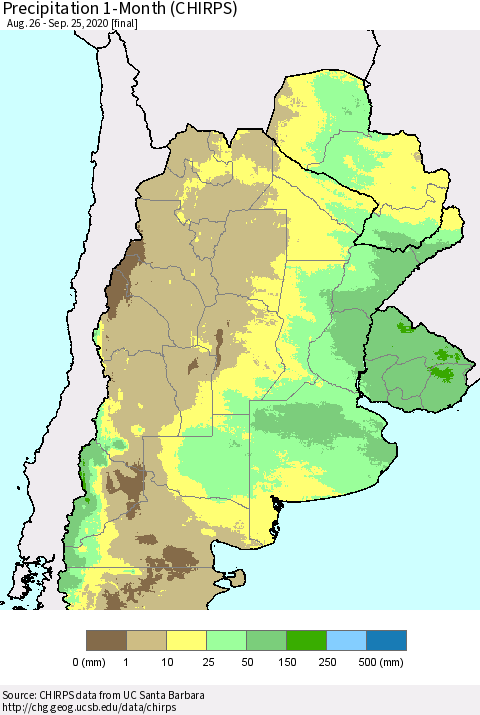 Southern South America Precipitation 1-Month (CHIRPS) Thematic Map For 8/26/2020 - 9/25/2020
