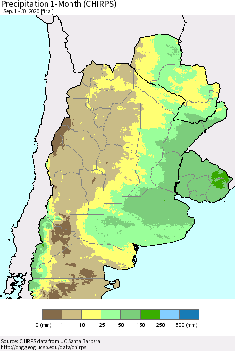 Southern South America Precipitation 1-Month (CHIRPS) Thematic Map For 9/1/2020 - 9/30/2020