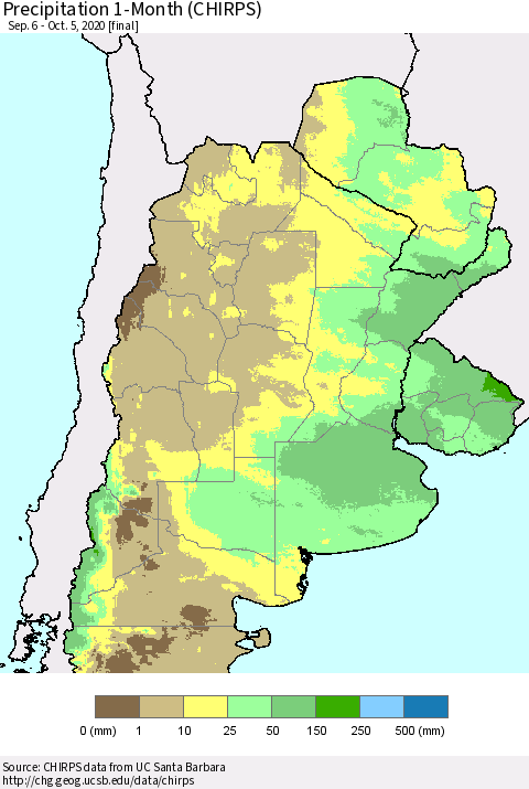Southern South America Precipitation 1-Month (CHIRPS) Thematic Map For 9/6/2020 - 10/5/2020