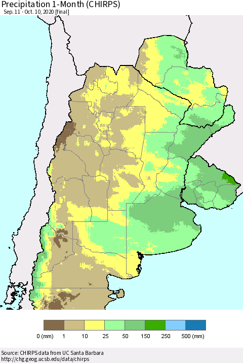 Southern South America Precipitation 1-Month (CHIRPS) Thematic Map For 9/11/2020 - 10/10/2020