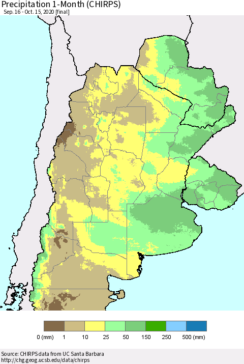 Southern South America Precipitation 1-Month (CHIRPS) Thematic Map For 9/16/2020 - 10/15/2020