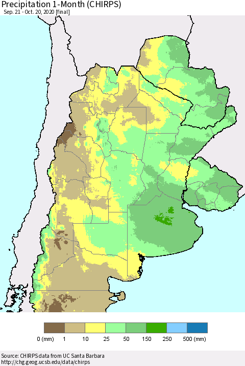 Southern South America Precipitation 1-Month (CHIRPS) Thematic Map For 9/21/2020 - 10/20/2020