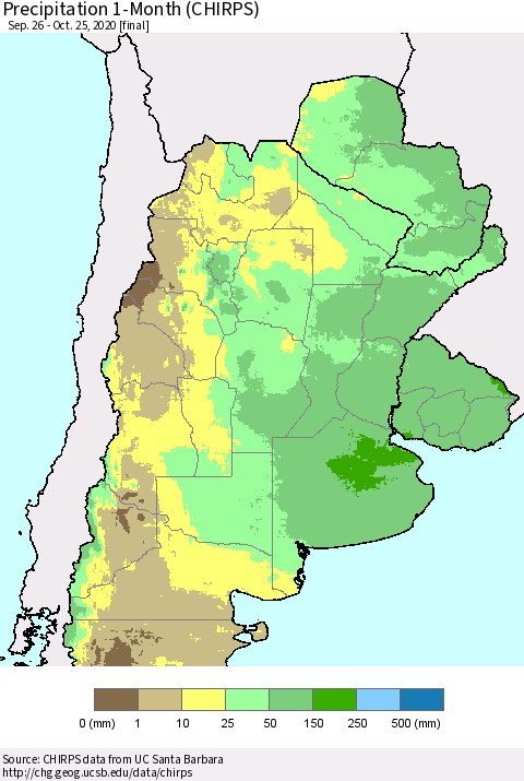 Southern South America Precipitation 1-Month (CHIRPS) Thematic Map For 9/26/2020 - 10/25/2020