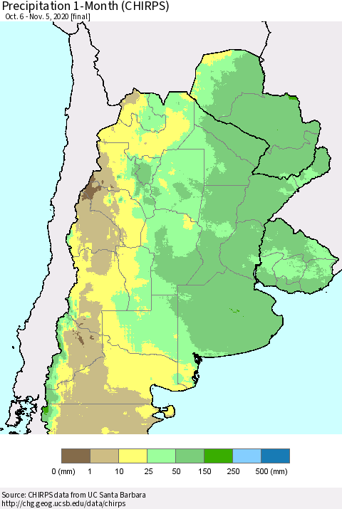 Southern South America Precipitation 1-Month (CHIRPS) Thematic Map For 10/6/2020 - 11/5/2020