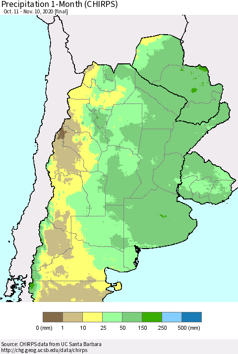 Southern South America Precipitation 1-Month (CHIRPS) Thematic Map For 10/11/2020 - 11/10/2020
