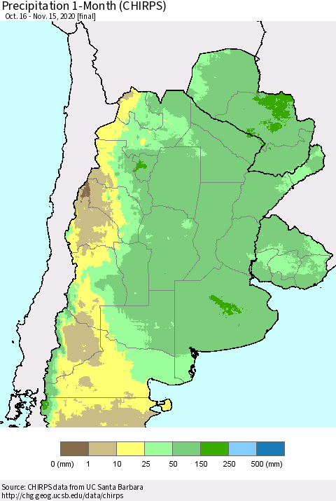 Southern South America Precipitation 1-Month (CHIRPS) Thematic Map For 10/16/2020 - 11/15/2020