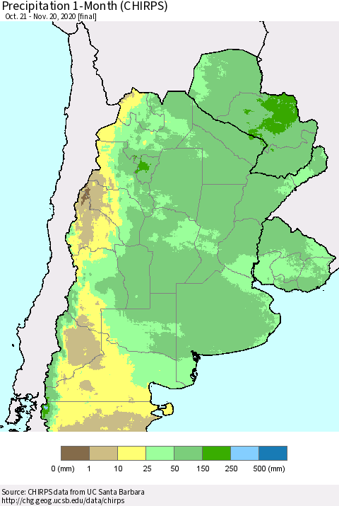 Southern South America Precipitation 1-Month (CHIRPS) Thematic Map For 10/21/2020 - 11/20/2020