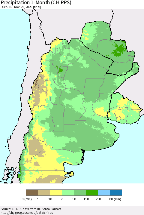 Southern South America Precipitation 1-Month (CHIRPS) Thematic Map For 10/26/2020 - 11/25/2020