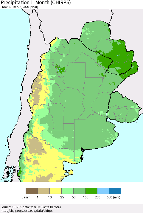 Southern South America Precipitation 1-Month (CHIRPS) Thematic Map For 11/6/2020 - 12/5/2020