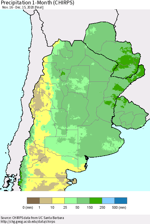 Southern South America Precipitation 1-Month (CHIRPS) Thematic Map For 11/16/2020 - 12/15/2020