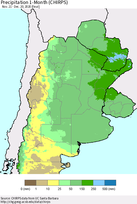 Southern South America Precipitation 1-Month (CHIRPS) Thematic Map For 11/21/2020 - 12/20/2020
