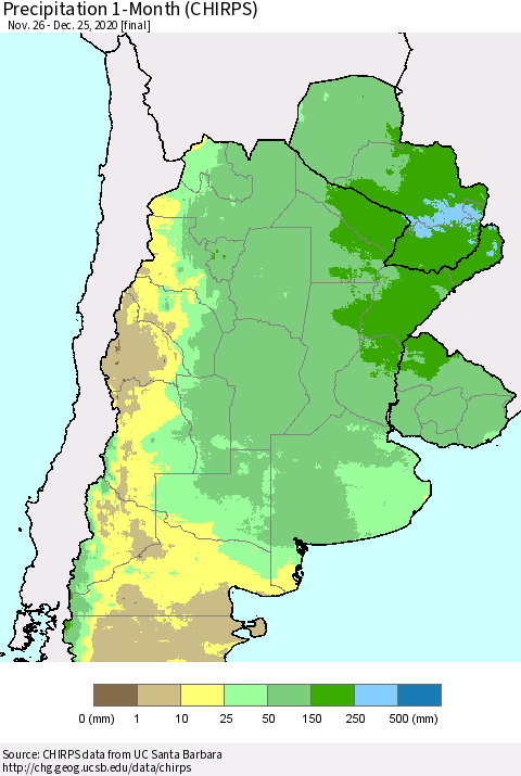 Southern South America Precipitation 1-Month (CHIRPS) Thematic Map For 11/26/2020 - 12/25/2020