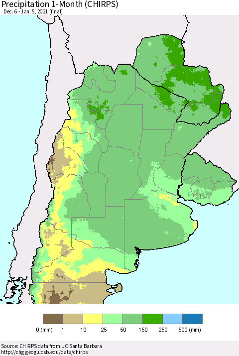 Southern South America Precipitation 1-Month (CHIRPS) Thematic Map For 12/6/2020 - 1/5/2021