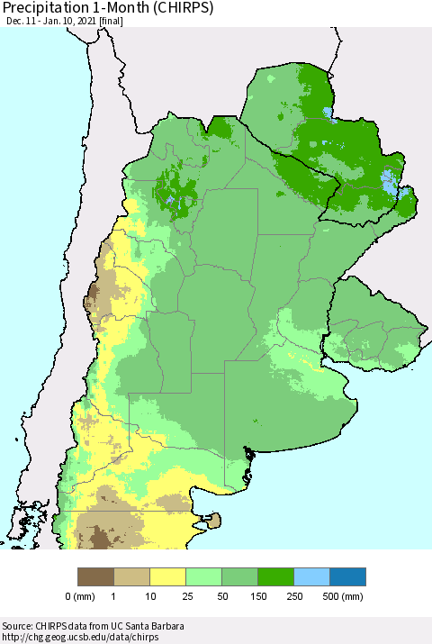 Southern South America Precipitation 1-Month (CHIRPS) Thematic Map For 12/11/2020 - 1/10/2021