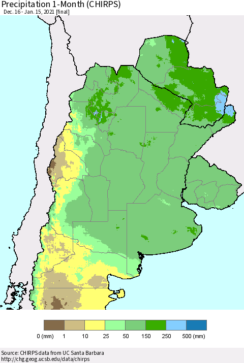 Southern South America Precipitation 1-Month (CHIRPS) Thematic Map For 12/16/2020 - 1/15/2021