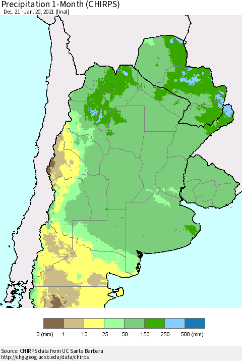 Southern South America Precipitation 1-Month (CHIRPS) Thematic Map For 12/21/2020 - 1/20/2021