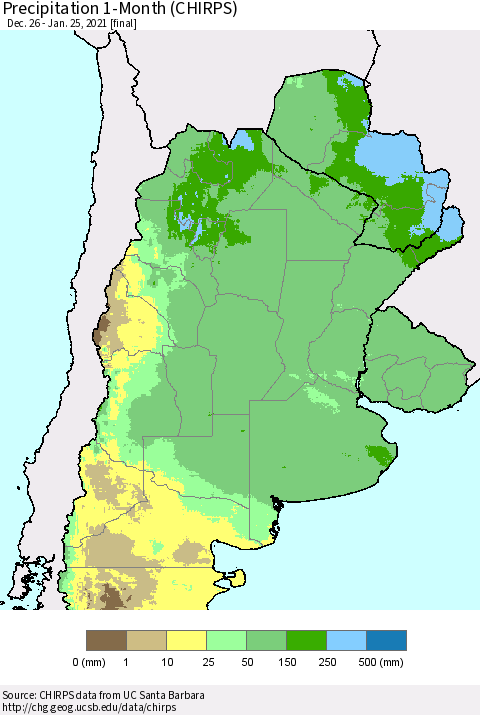 Southern South America Precipitation 1-Month (CHIRPS) Thematic Map For 12/26/2020 - 1/25/2021