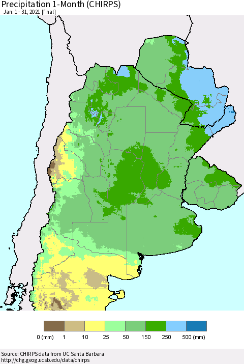 Southern South America Precipitation 1-Month (CHIRPS) Thematic Map For 1/1/2021 - 1/31/2021