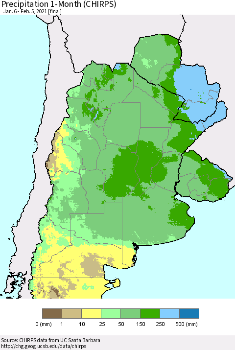 Southern South America Precipitation 1-Month (CHIRPS) Thematic Map For 1/6/2021 - 2/5/2021